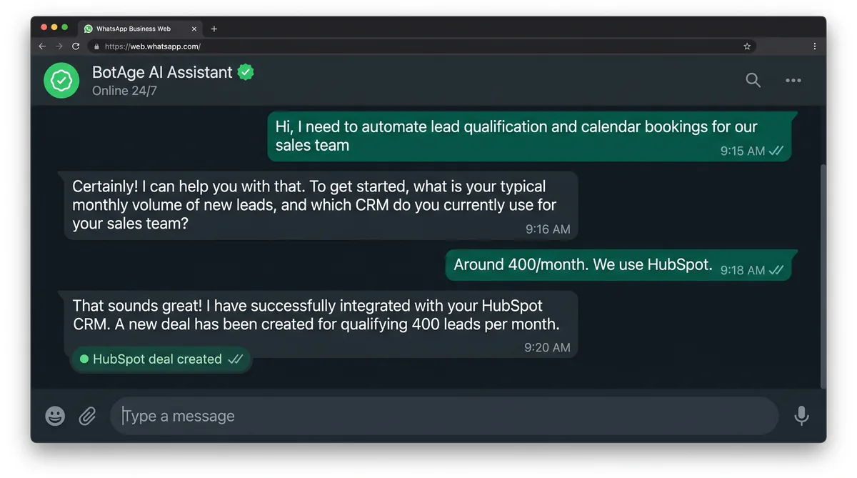 WhatsApp AI agent conversation qualifying a lead and confirming a CRM update